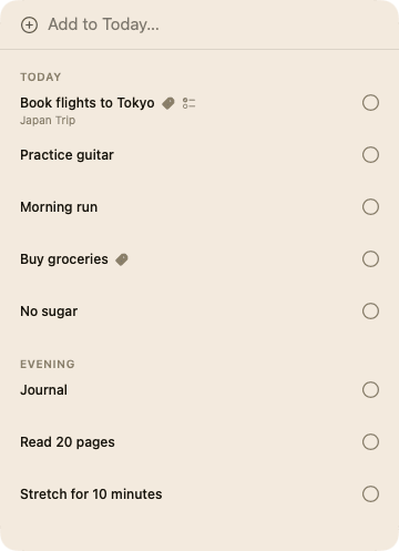 Ritual's menu bar panel showing today's tasks and habits
