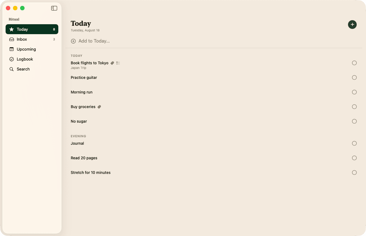 Ritual's Mac window: a sidebar of panes beside today's tasks and habits