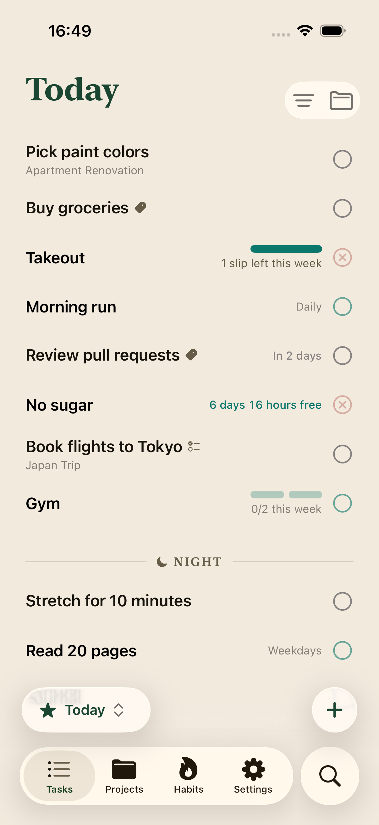 Ritual's Today screen with tasks and habits